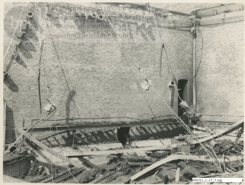 Photograph of fire damage to Snape Maltings Concert Hall