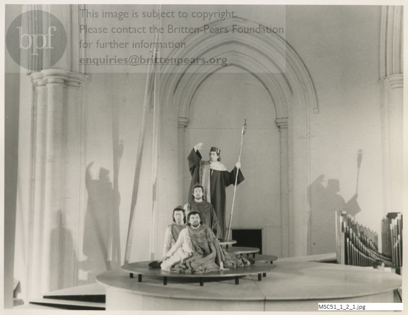 Production photograph of Britten's opera The Burning Fiery Furnace