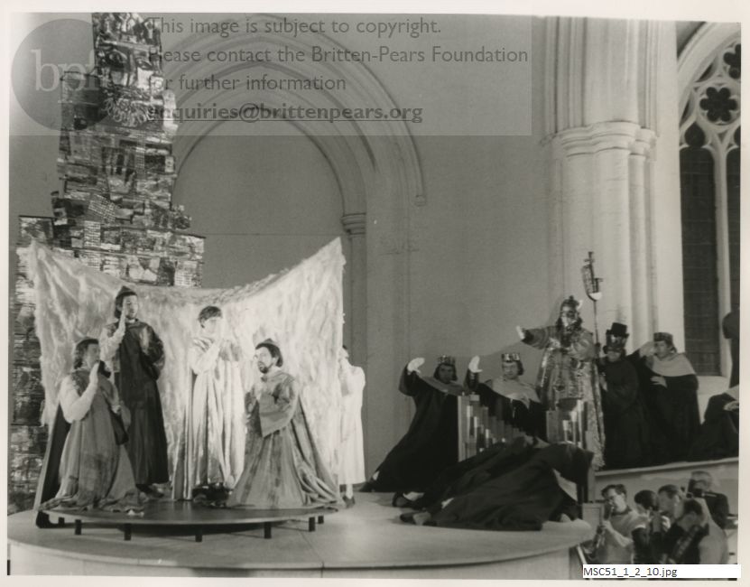 Production photograph of Britten's opera The Burning Fiery Furnace