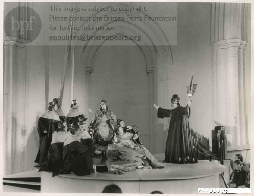 Production photograph of Britten's opera The Burning Fiery Furnace