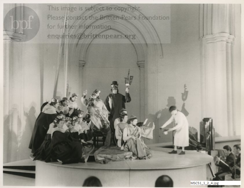 Production photograph of Britten's opera The Burning Fiery Furnace