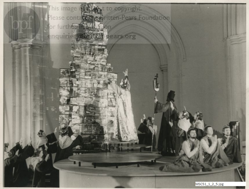 Production photograph of Britten's opera The Burning Fiery Furnace
