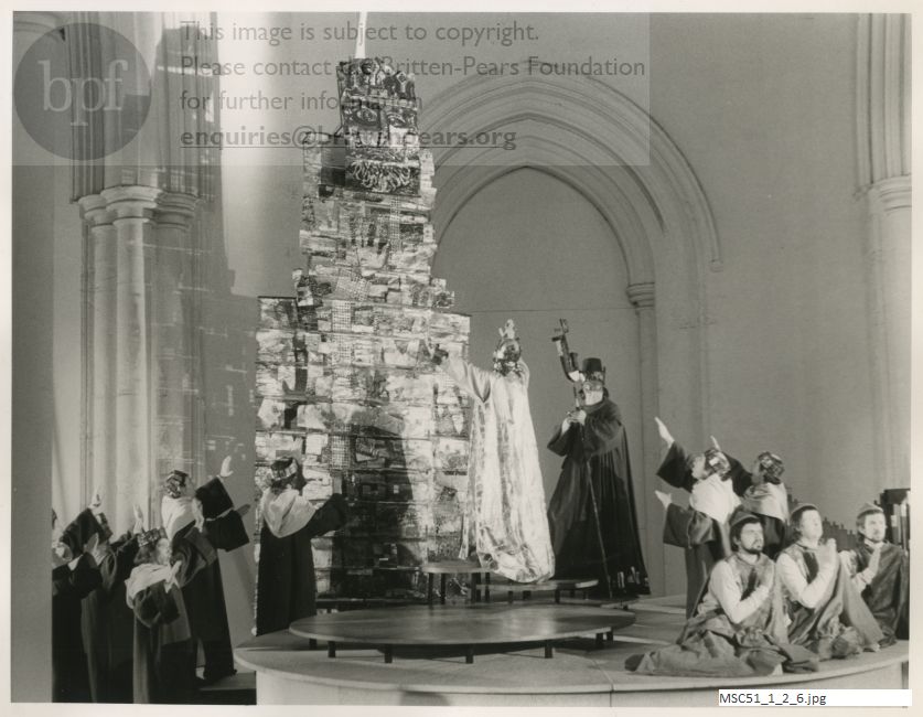 Production photograph of Britten's opera The Burning Fiery Furnace