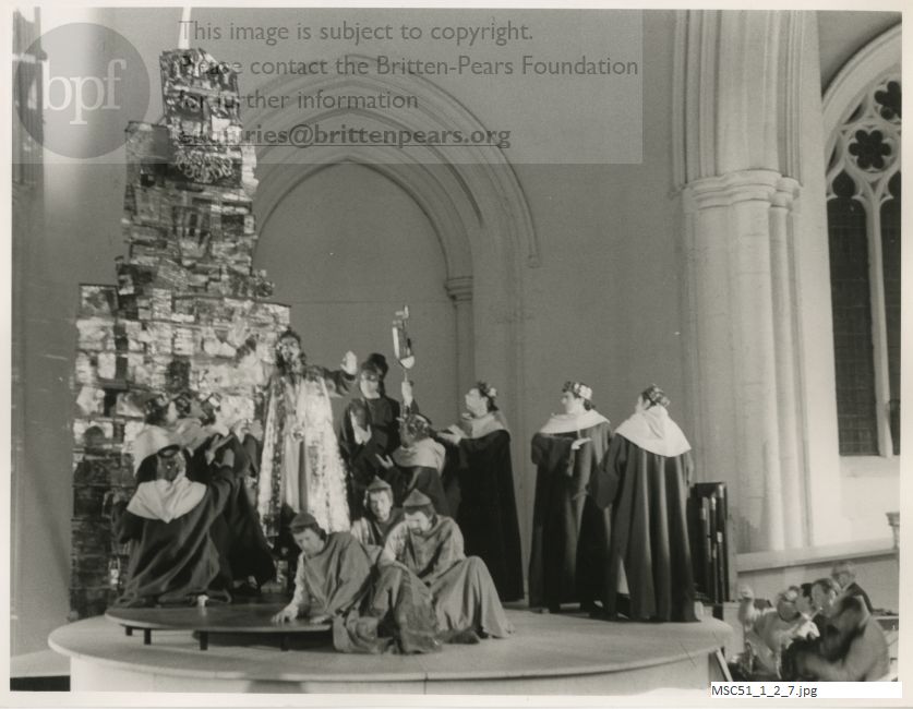 Production photograph of Britten's opera The Burning Fiery Furnace