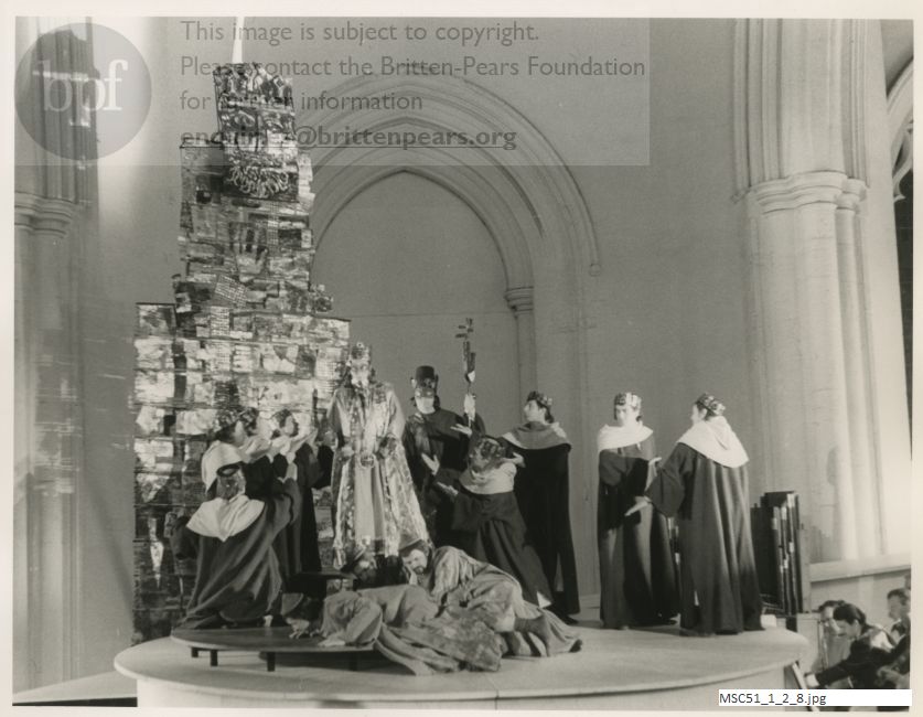 Production photograph of Britten's opera The Burning Fiery Furnace