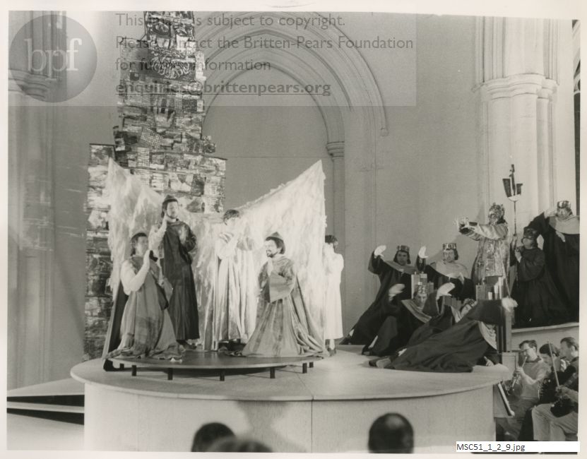 Production photograph of Britten's opera The Burning Fiery Furnace