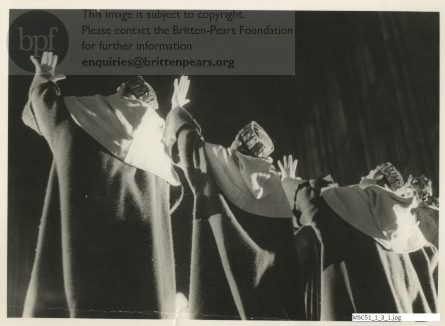 Production photograph of Britten's opera The Burning Fiery Furnace
