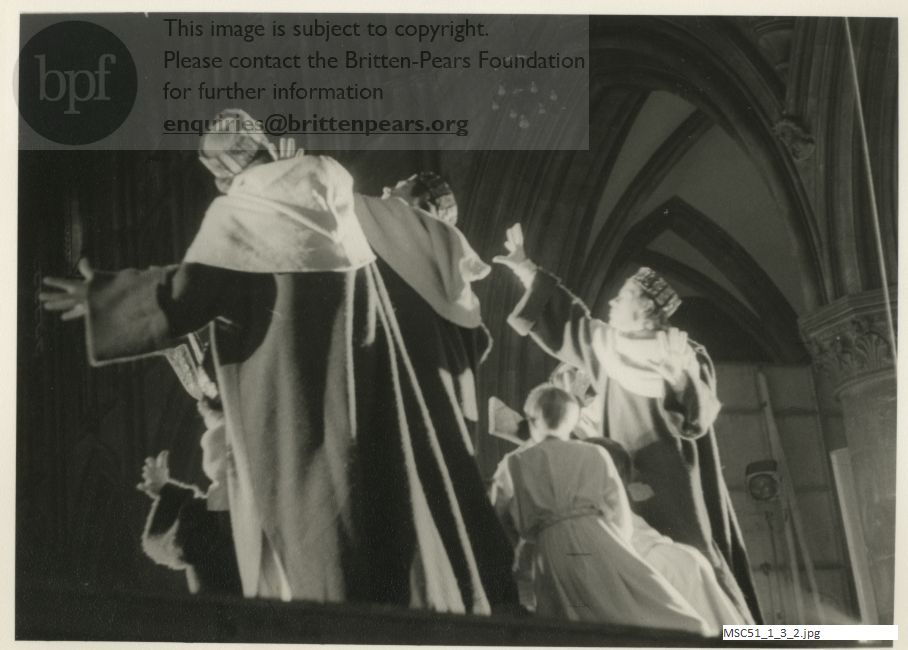 Production photograph of Britten's opera The Burning Fiery Furnace