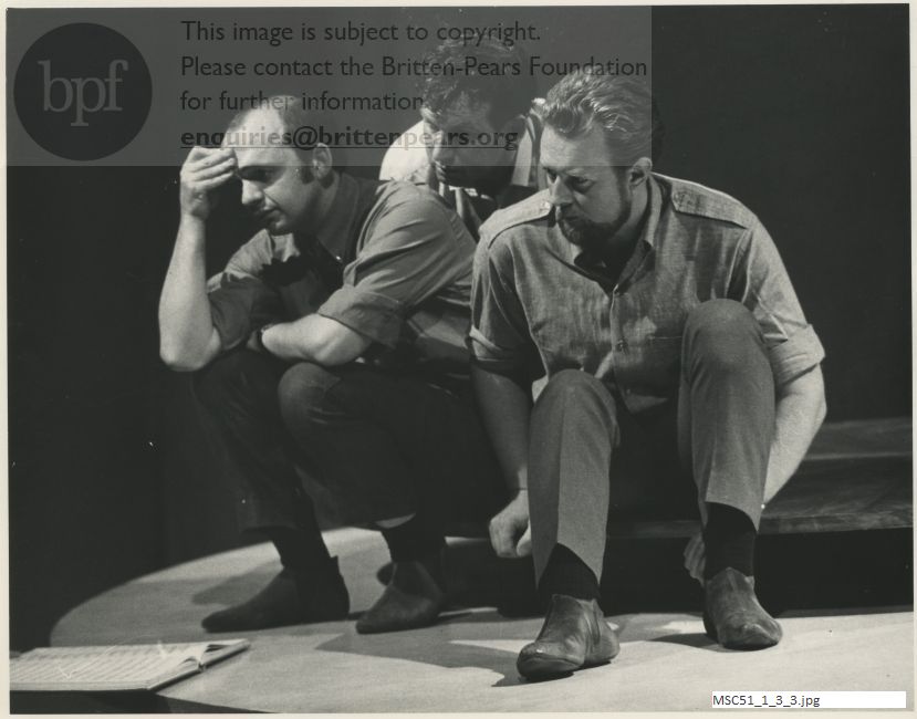Photograph of rehearsal for Britten's opera The Burning Fiery Furnace
