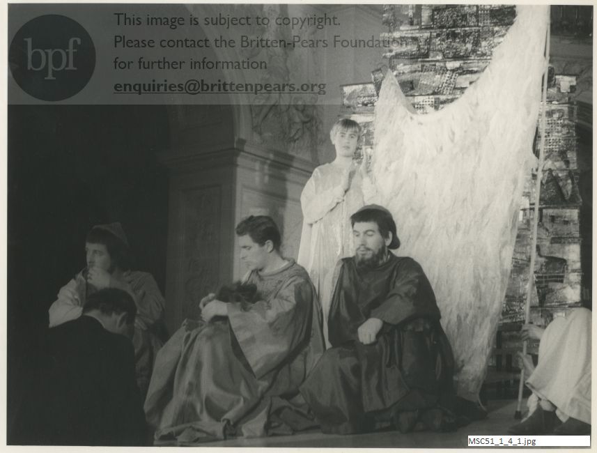 Production photograph of Britten's opera The Burning Fiery Furnace