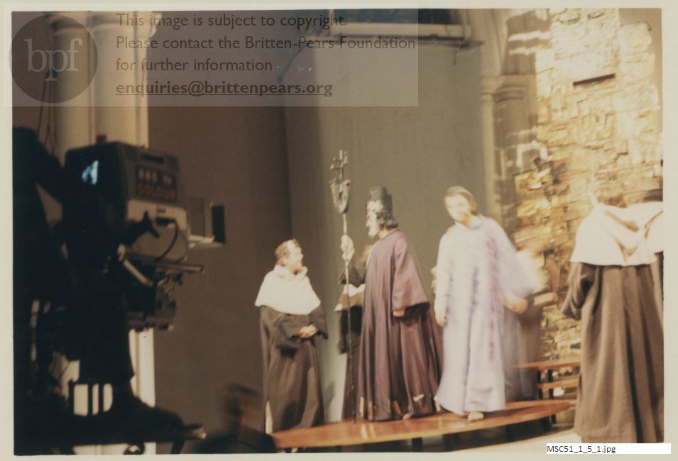 Production photograph of Britten's opera The Burning Fiery Furnace.