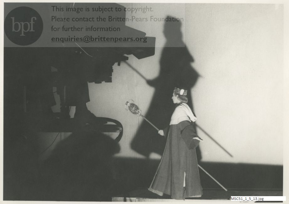 Production photograph of Britten's opera The Burning Fiery Furnace.