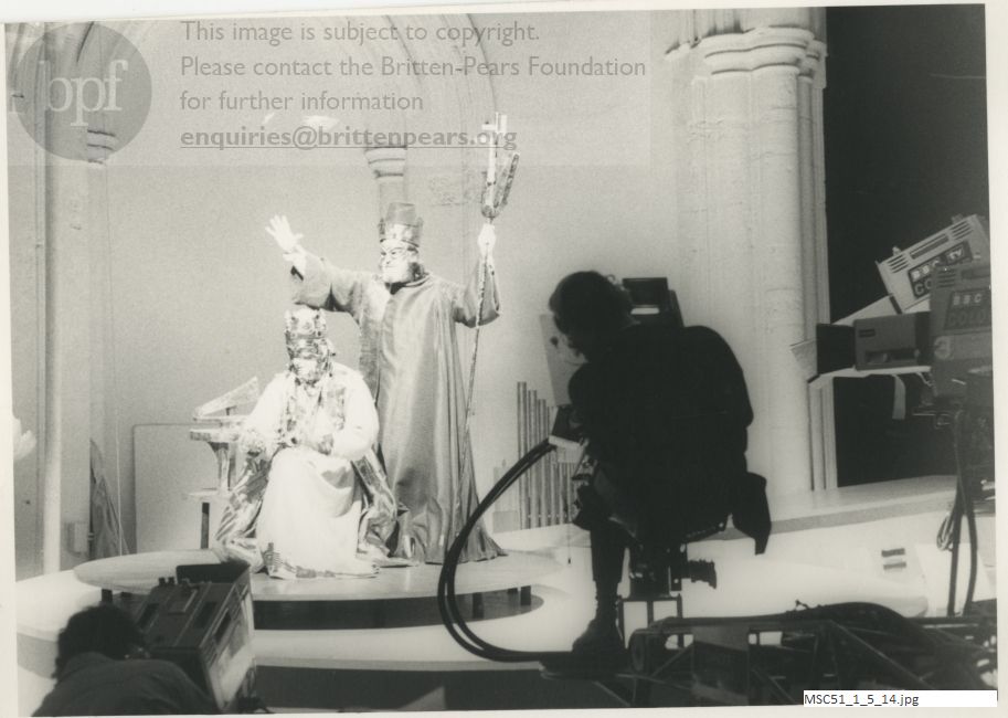 Production photograph of Britten's opera The Burning Fiery Furnace.