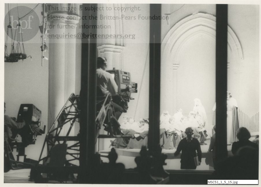 Production photograph of Britten's opera The Burning Fiery Furnace.