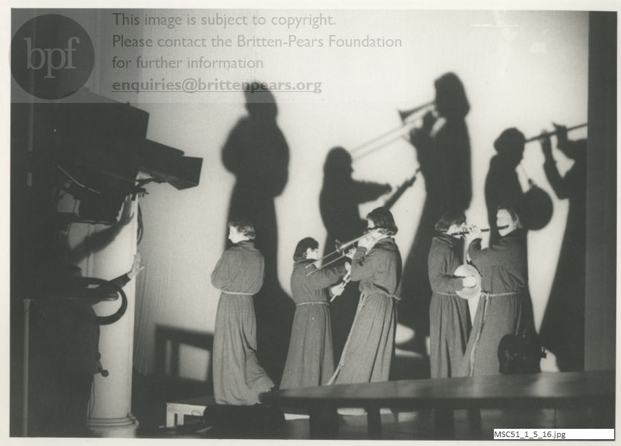 Production photograph of Britten's opera The Burning Fiery Furnace.