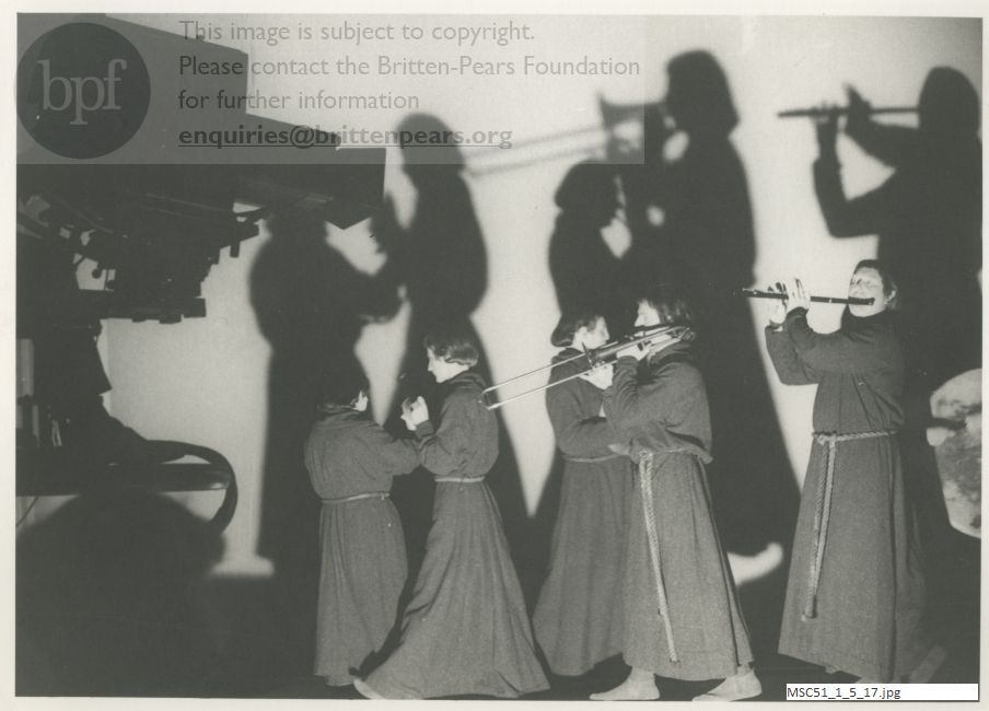 Production photograph of Britten's opera The Burning Fiery Furnace.