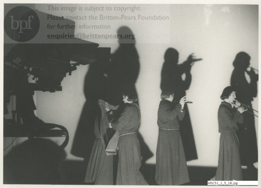 Production photograph of Britten's opera The Burning Fiery Furnace.