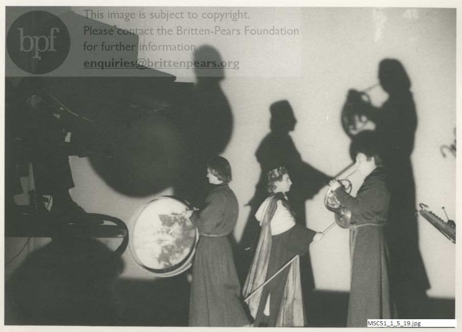 Production photograph of Britten's opera The Burning Fiery Furnace.