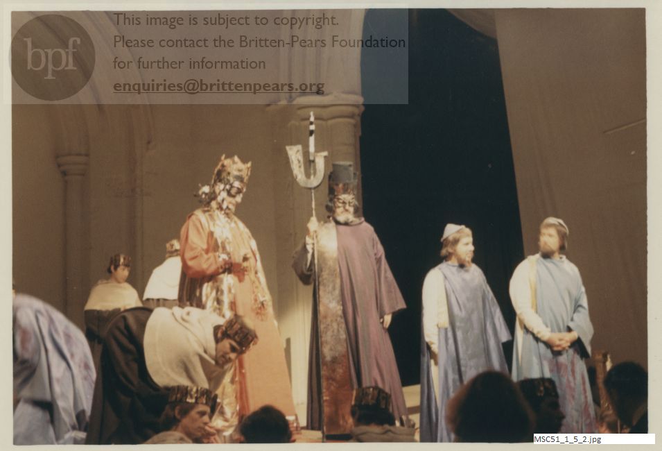 Production photograph of Britten's opera The Burning Fiery Furnace.