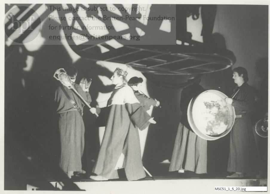 Production photograph of Britten's opera The Burning Fiery Furnace.