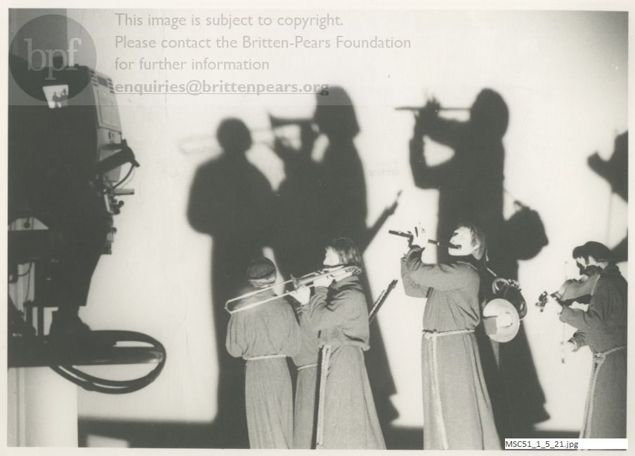 Production photograph of Britten's opera The Burning Fiery Furnace.