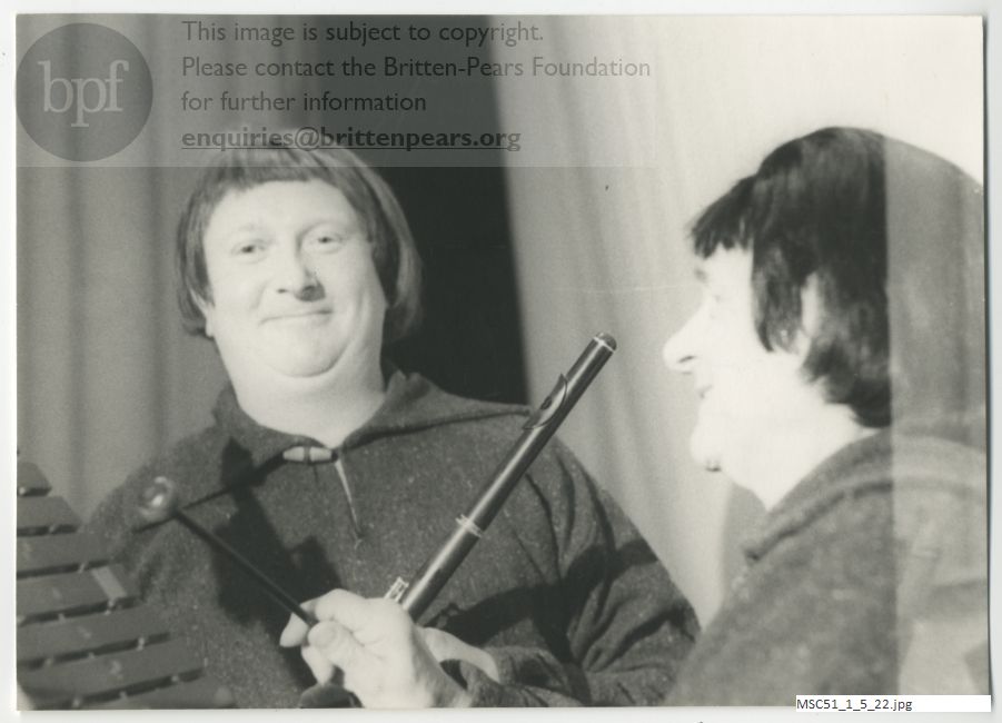 Production photograph of Britten's opera The Burning Fiery Furnace.