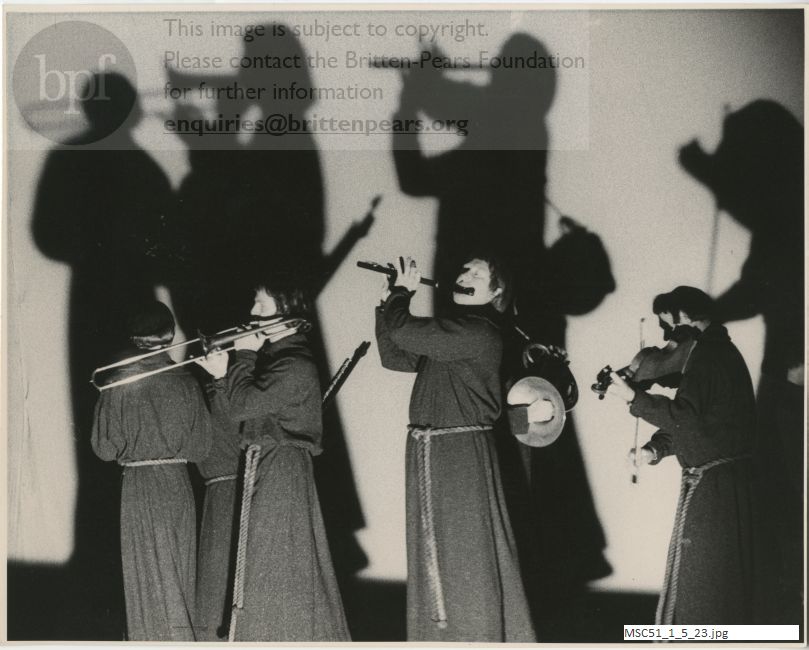 Production photograph of Britten's opera The Burning Fiery Furnace.