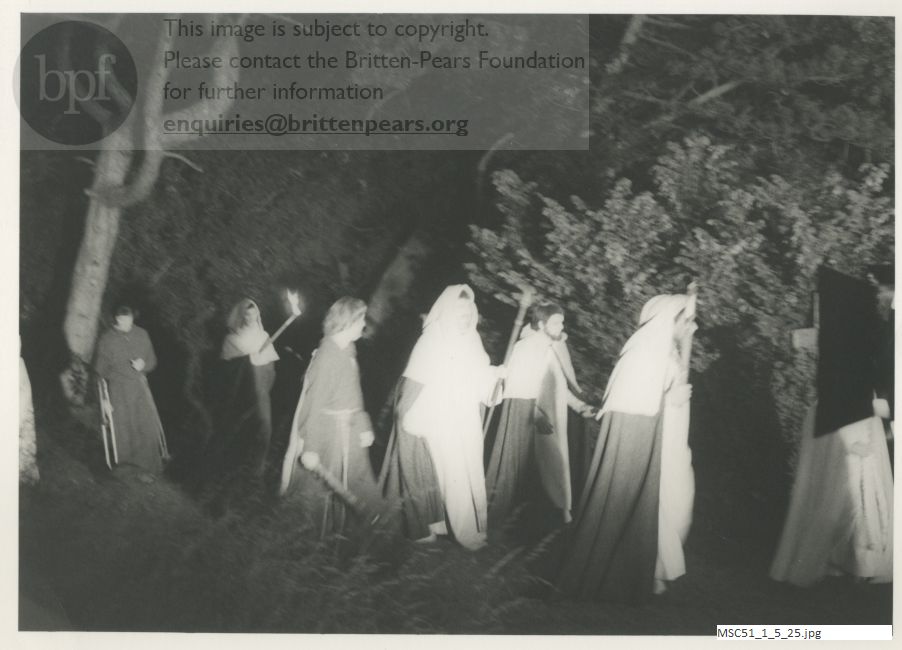 Production photograph of Britten's opera The Burning Fiery Furnace.