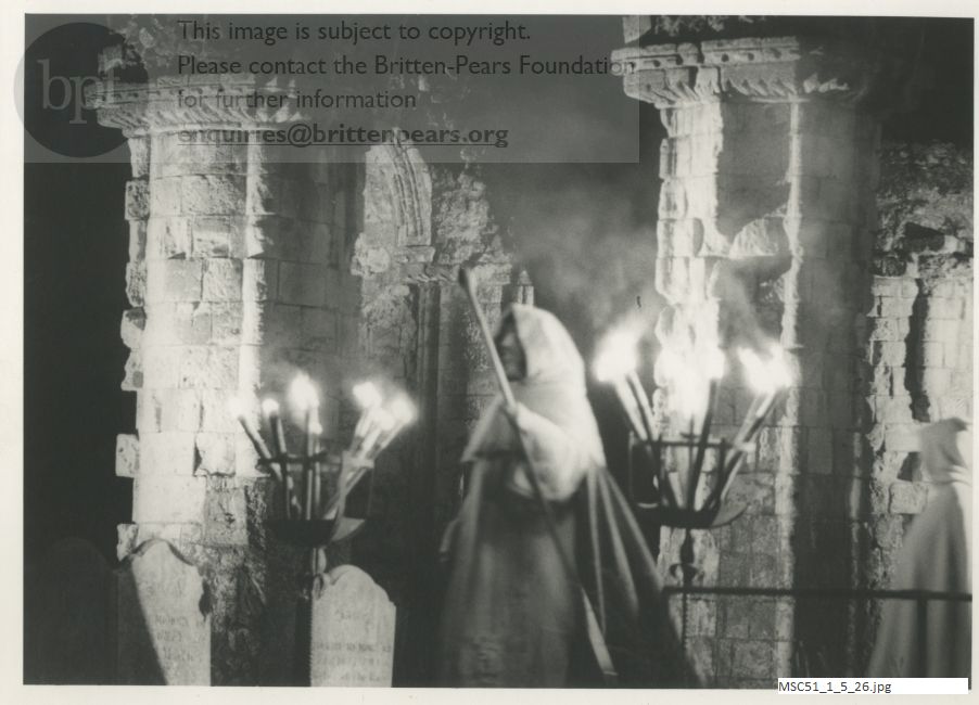 Production photograph of Britten's opera The Burning Fiery Furnace.