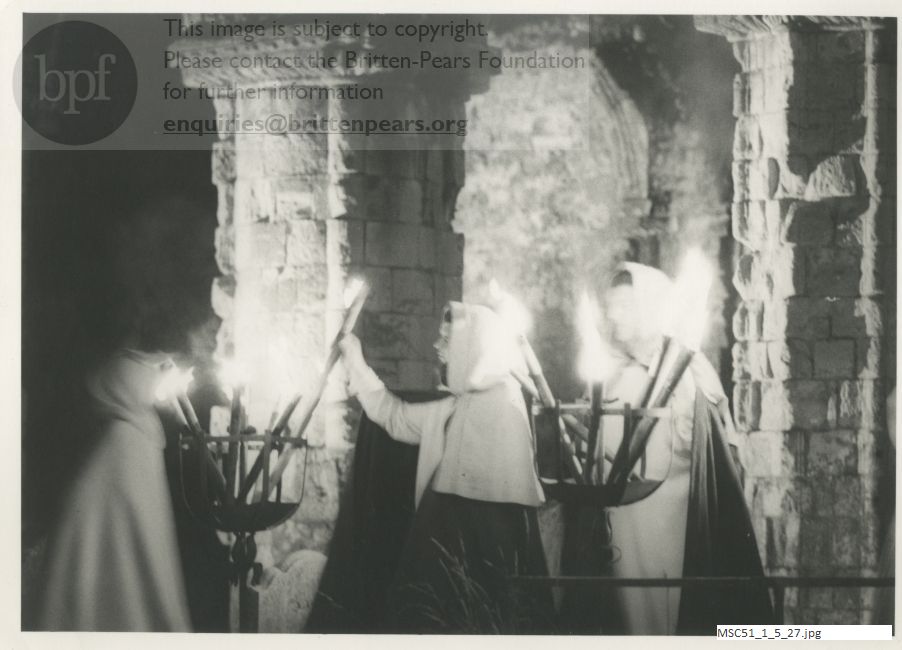 Production photograph of Britten's opera The Burning Fiery Furnace.