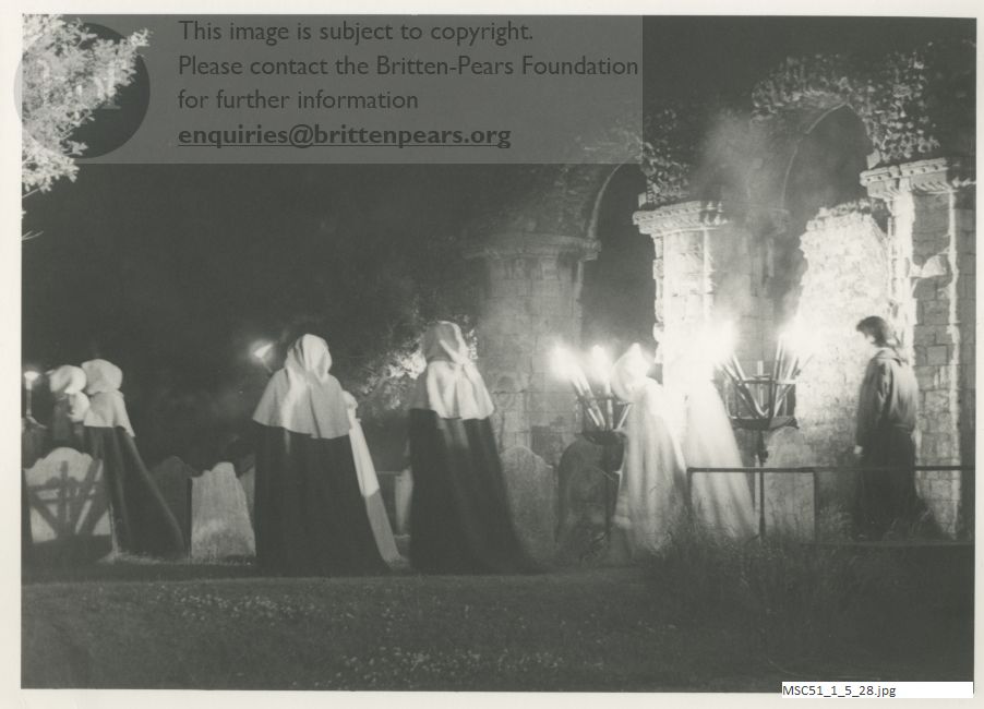 Production photograph of Britten's opera The Burning Fiery Furnace.