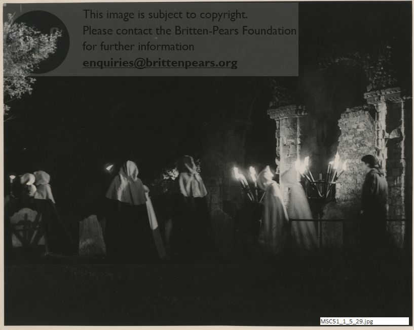 Production photograph of Britten's opera The Burning Fiery Furnace.