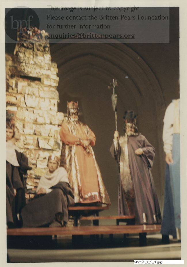 Production photograph of Britten's opera The Burning Fiery Furnace.