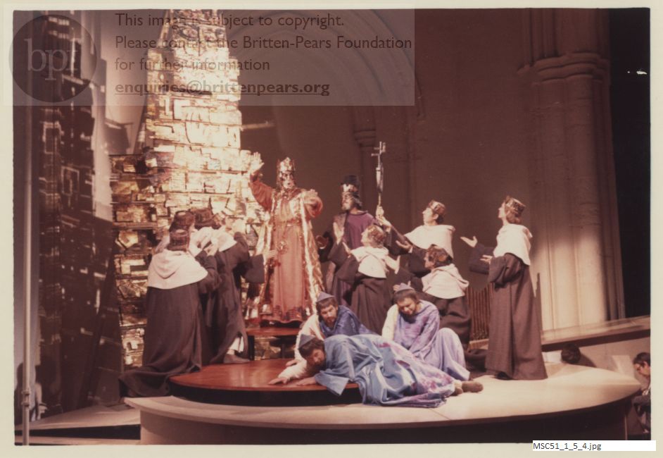 Production photograph of Britten's opera The Burning Fiery Furnace.
