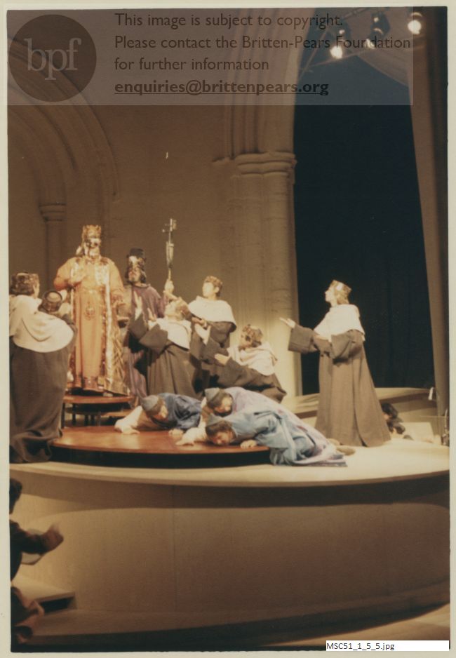 Production photograph of Britten's opera The Burning Fiery Furnace.