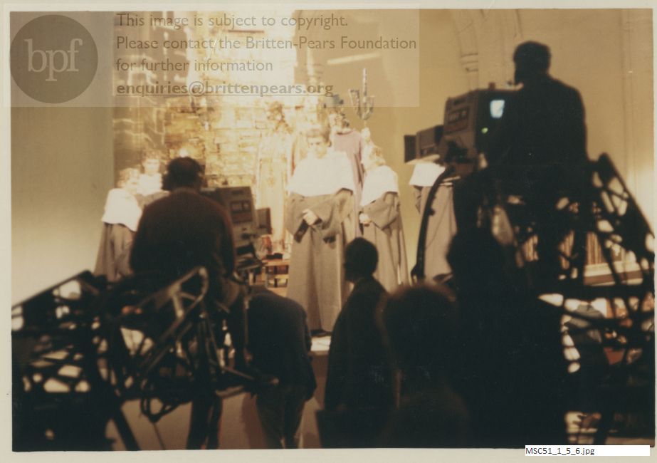 Production photograph of Britten's opera The Burning Fiery Furnace.