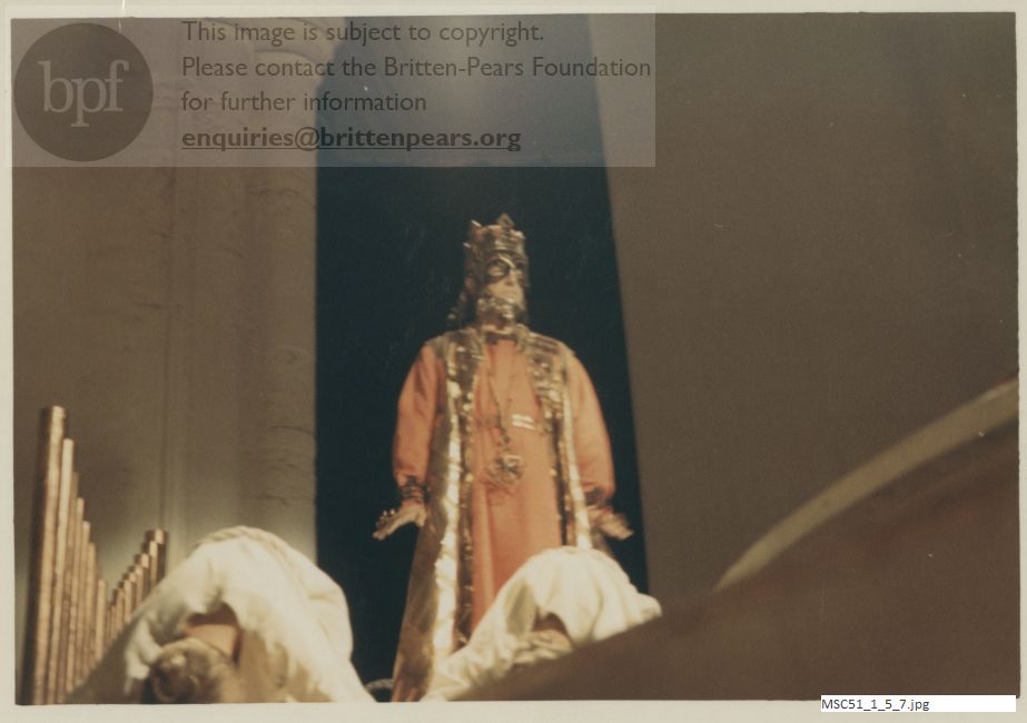 Production photograph of Britten's opera The Burning Fiery Furnace.