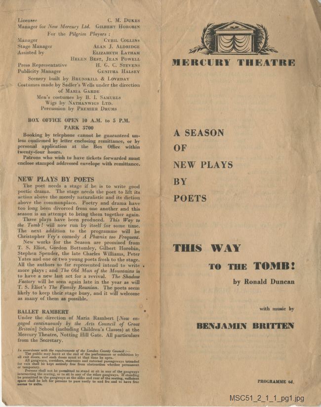 Programme for This Way to the Tomb by Ronald Duncan at the Mercury Theatre
