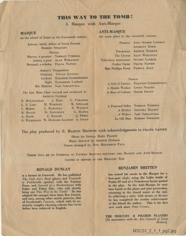 Programme for This Way to the Tomb by Ronald Duncan at the Mercury Theatre