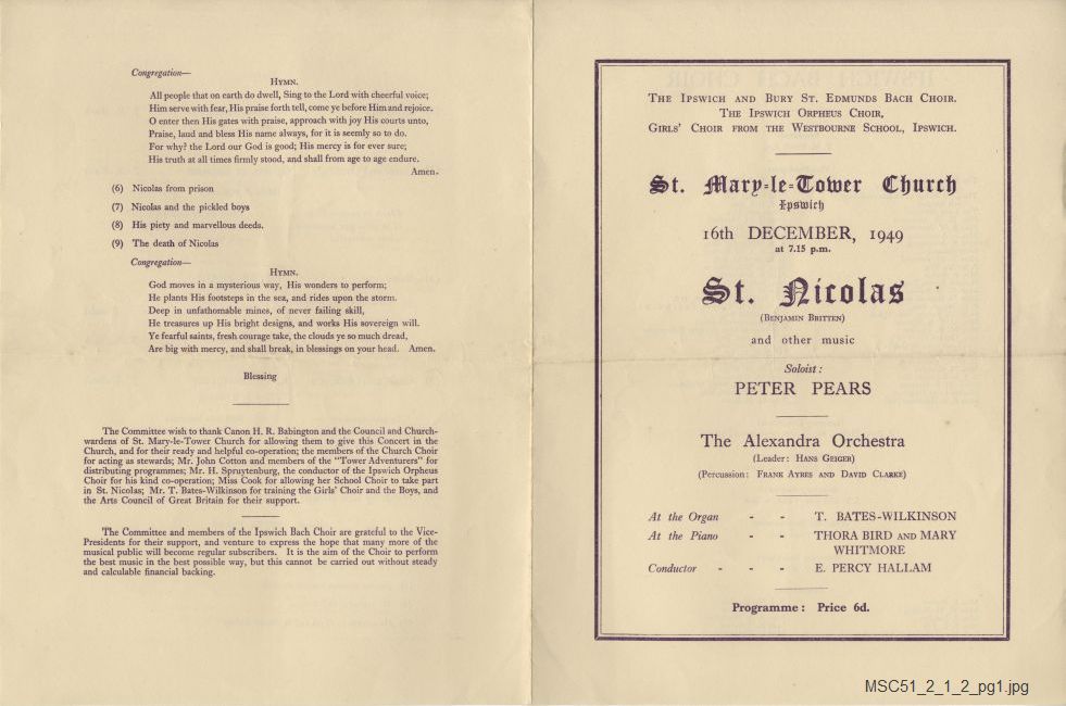 Programme for Benjamin Britten's St Nicholas at St Mary-le-Tower Church, Ipswich