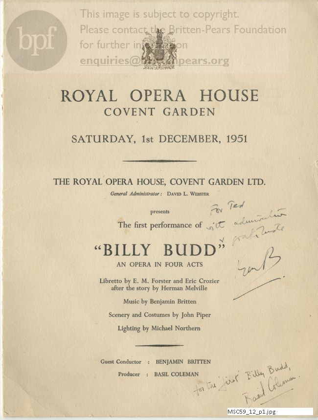 Theodor Uppman's programme for first performance of Billy Budd