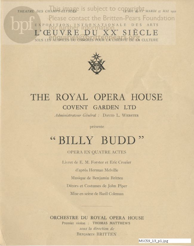 Theodor Uppman's programme for Billy Budd in Paris