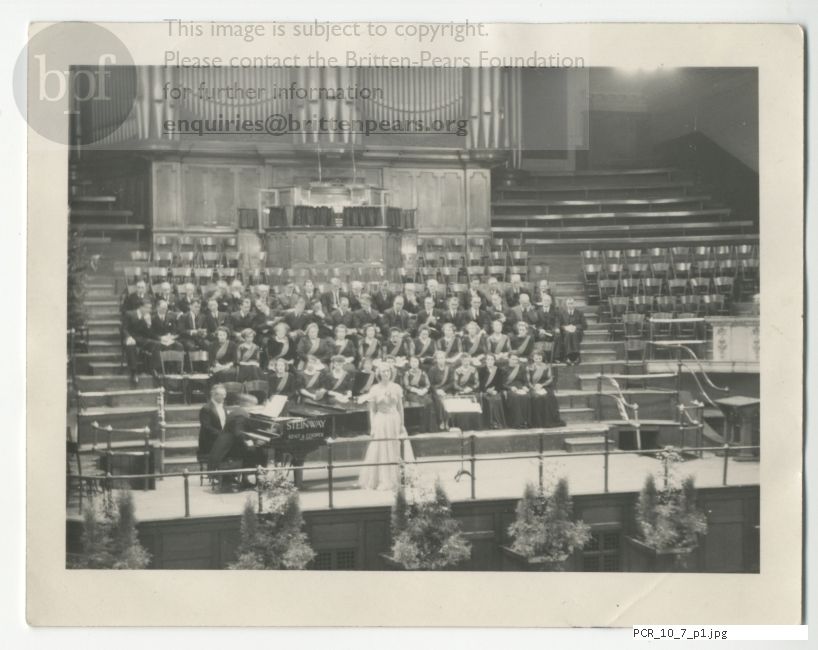 Photograph of Norma Procter singing, accompanied by Noel Cox and Roy Henderson