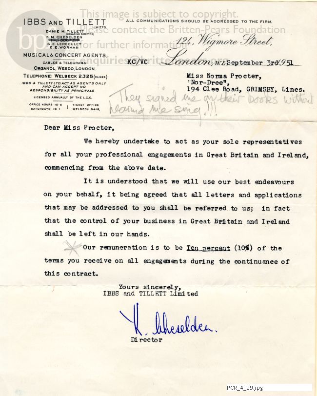 Correspondence to Norma Procter from Ibbs and Tillett