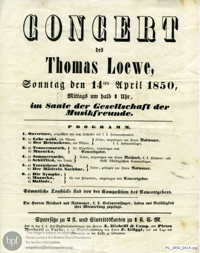 Concert programme: Loewe, Various Works, Saale der Gesellschaft der Musikfreunde, Vienna