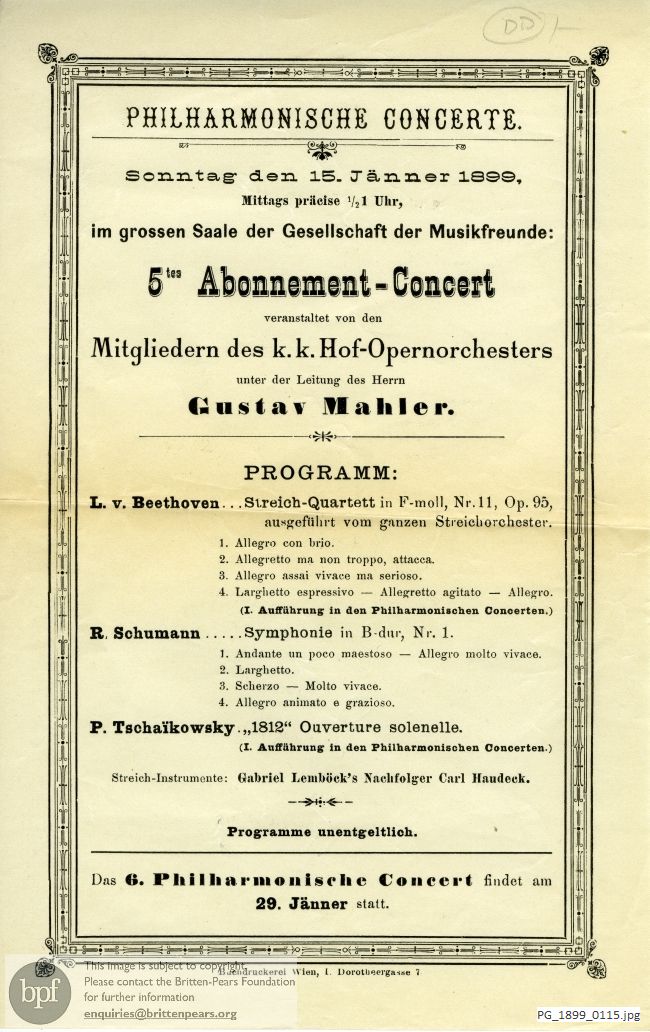 Concert programme:  Various Composers, Grossen Saale de Gesellschaft der Musikfreunde, Vienna