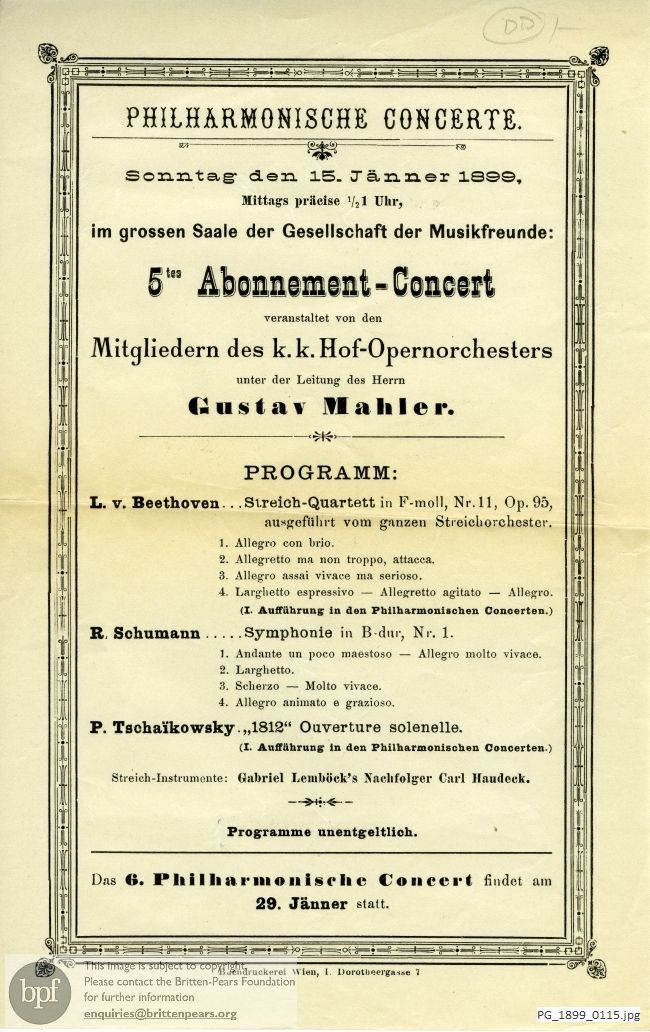 Concert programme:  Various Composers, Grossen Saale de Gesellschaft der Musikfreunde, Vienna
