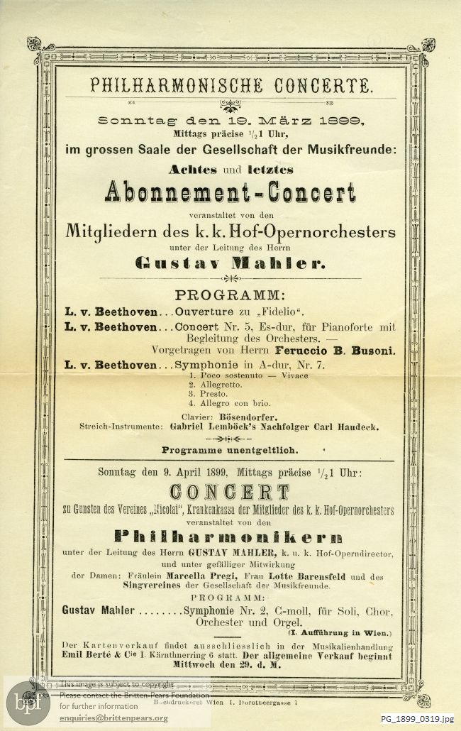 Concert programme:  Beethoven, Various Works, Grossen Saale de Gesellschaft der Musikfreunde, Vienna