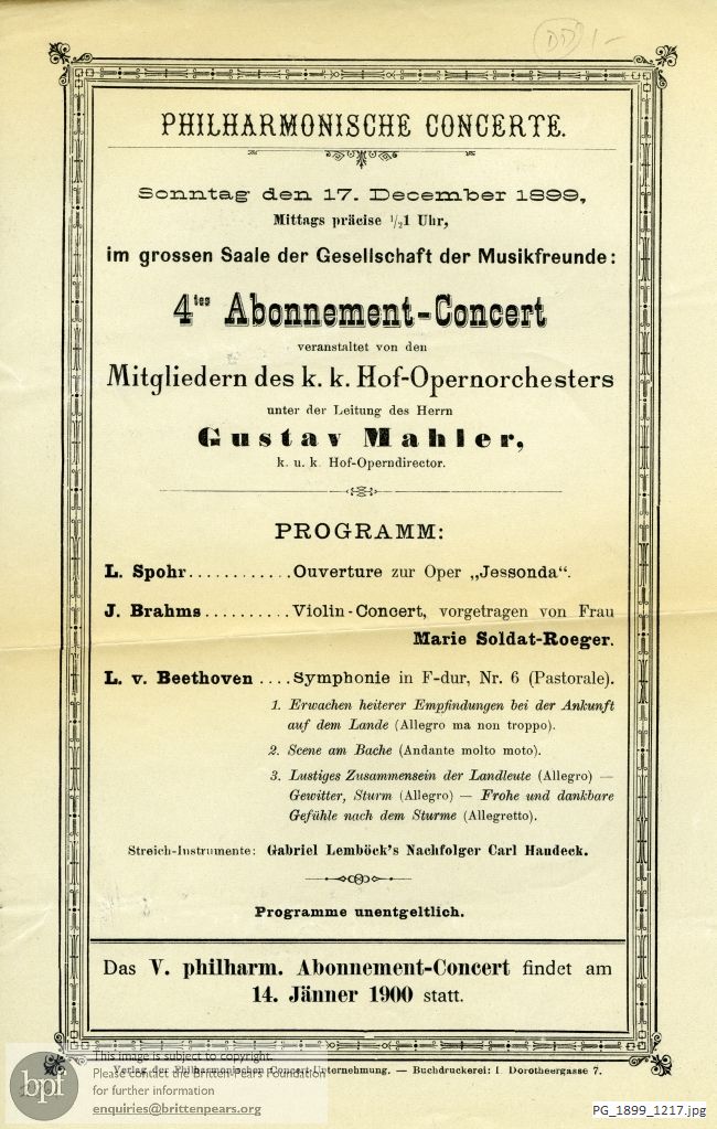 Concert programme:  Various Composers, Grossen Saale de Gesellschaft der Musikfreunde, Vienna