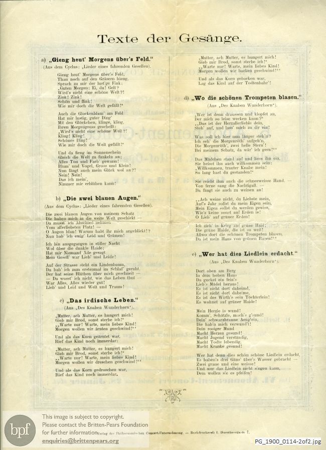 Concert programme:  Various Composers, Grossen Saale de Gesellschaft der Musikfreunde, Vienna